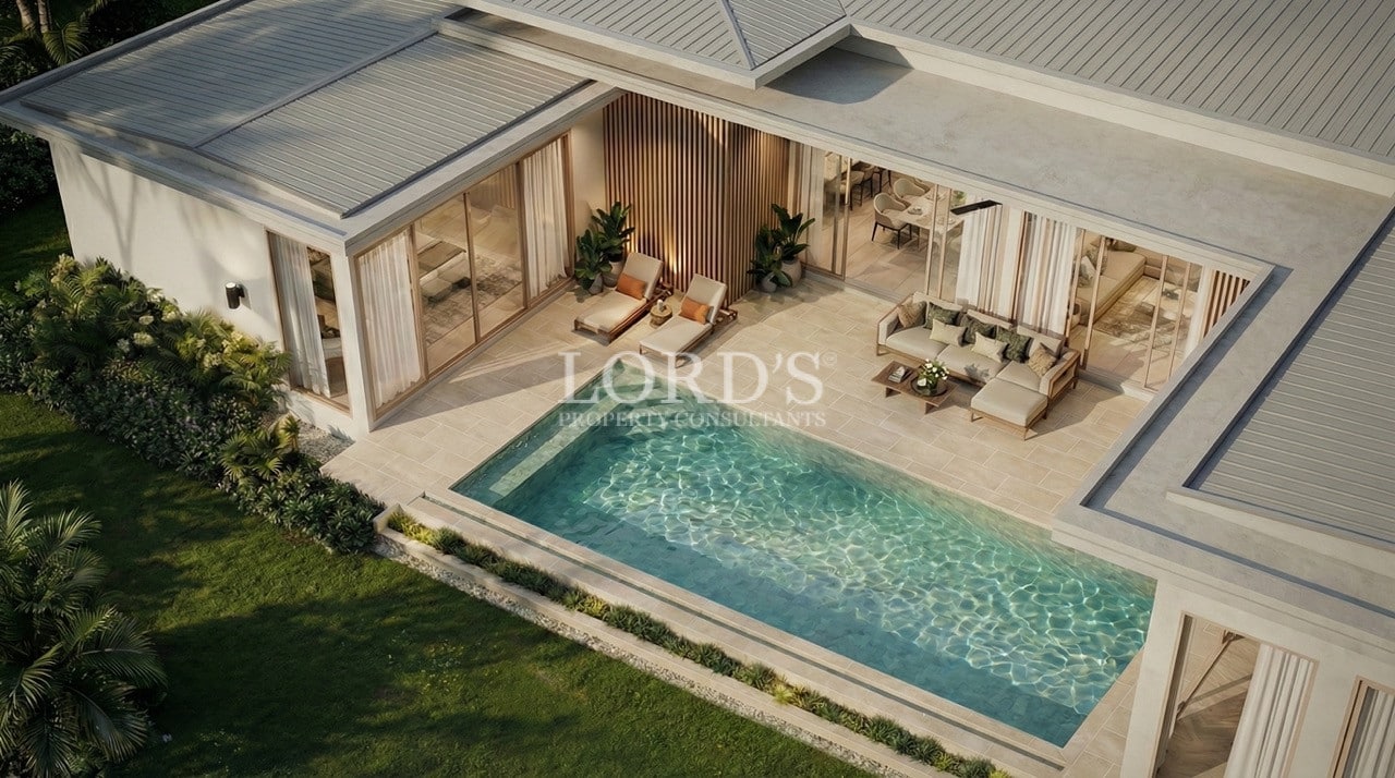 Aerial view of villa courtyard pool