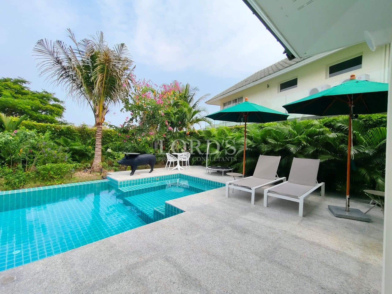 Private swimming pool with sun loungers, shaded umbrellas, and lush tropical garden.