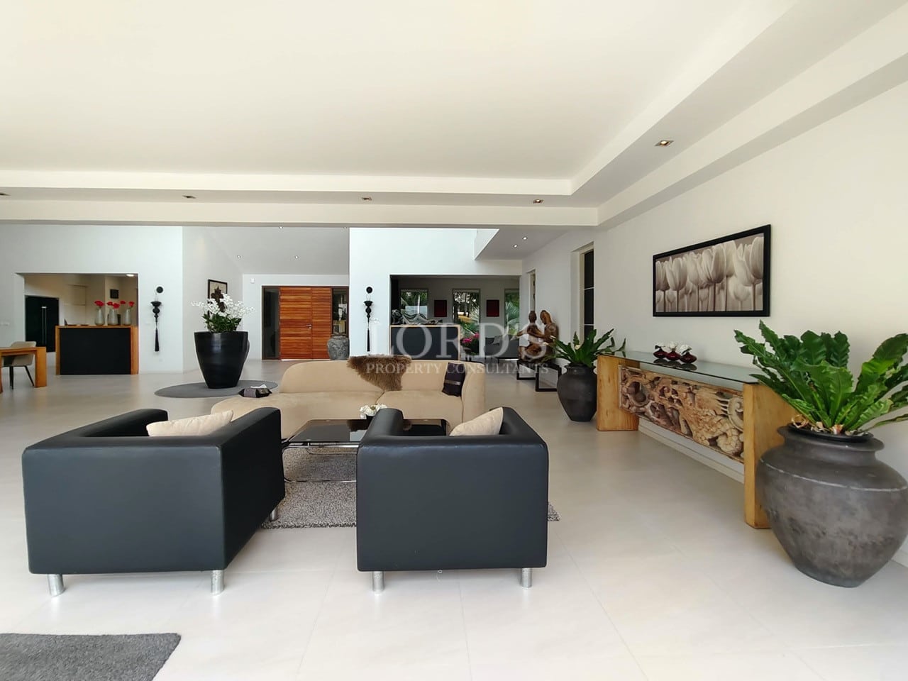 Open-plan luxury living room with black armchairs, beige sofa, decorative wooden console, and indoor plants