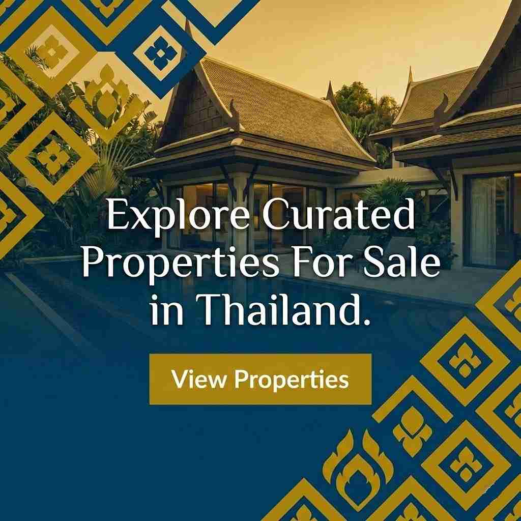 Luxury Thai-style villas with traditional architecture promoting curated properties for sale in Thailand, featuring a real estate call-to-action banner.