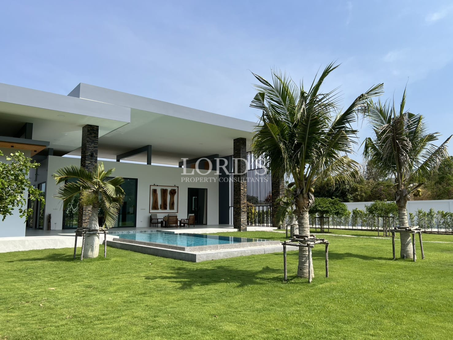 Modern villa exterior with private swimming pool, palm trees, and landscaped lawn.