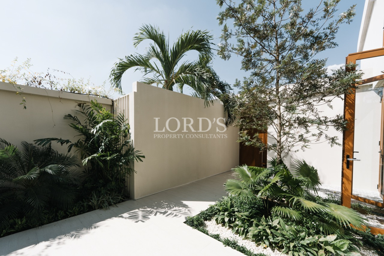 Private tropical courtyard with white walls, palm trees, and landscaped greenery.