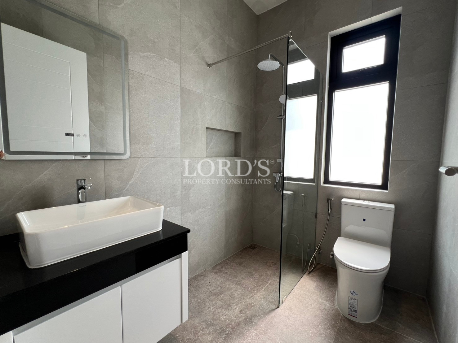 Modern bathroom with white vessel sink, glass shower partition, and toilet beside tall window.