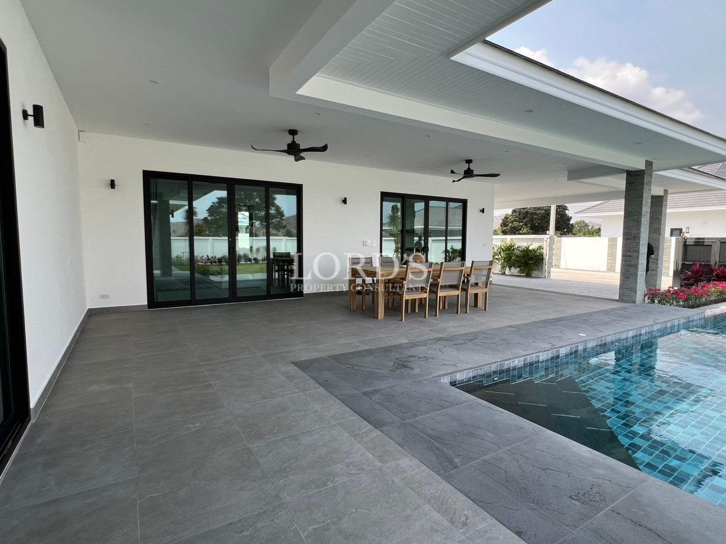 Modern covered patio with poolside dining area, ceiling fans, and sliding glass doors.