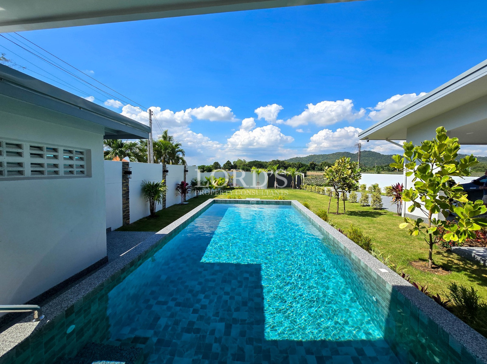 Long rectangular swimming pool between two modern buildings with landscaped lawn and mountain views under a bright blue sky.