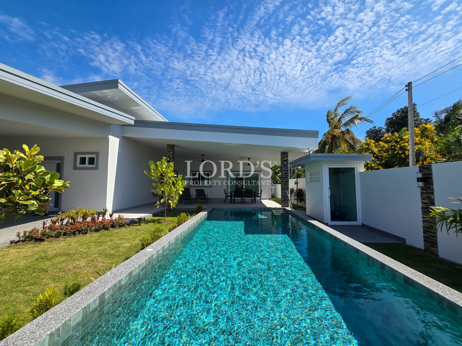 Modern single-story home with long rectangular swimming pool, landscaped garden, and covered patio under a bright blue sky.