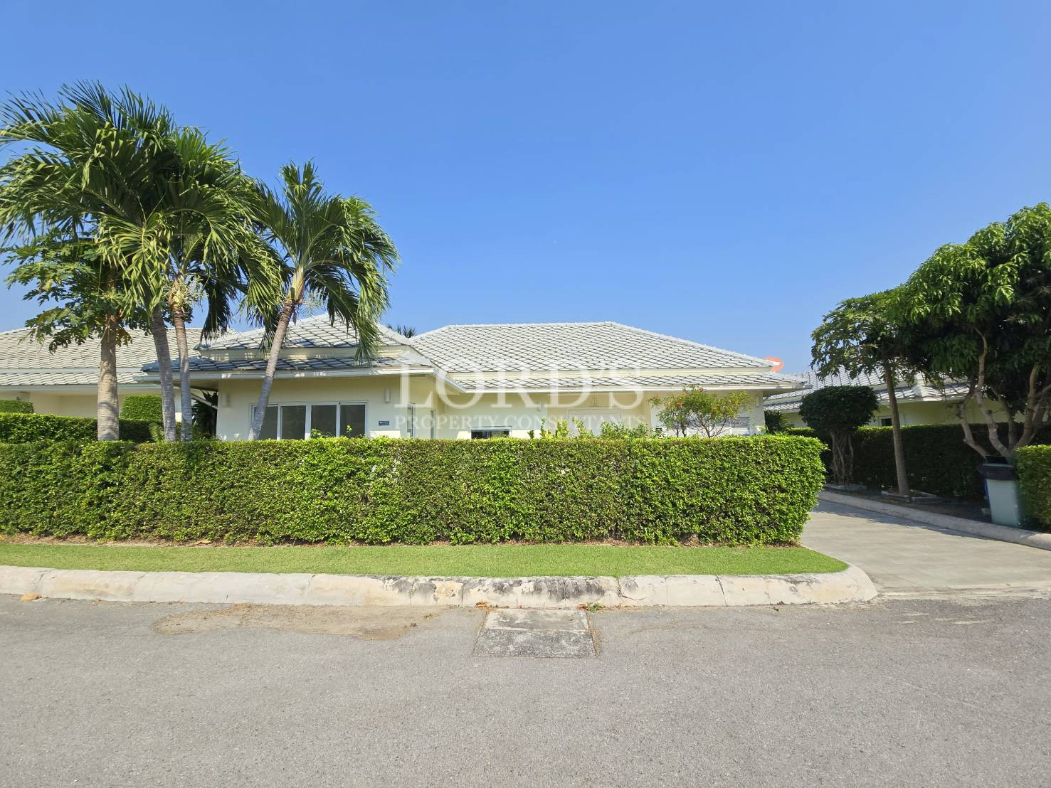 House exterior with hedge and driveway