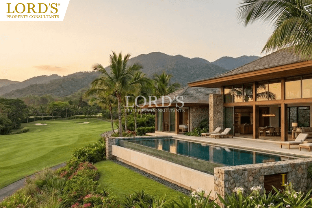 Premium Hua Hin golf property to invest in, featuring tropical indoor-outdoor living and fairway views, presented by Lord's Property Consultants.