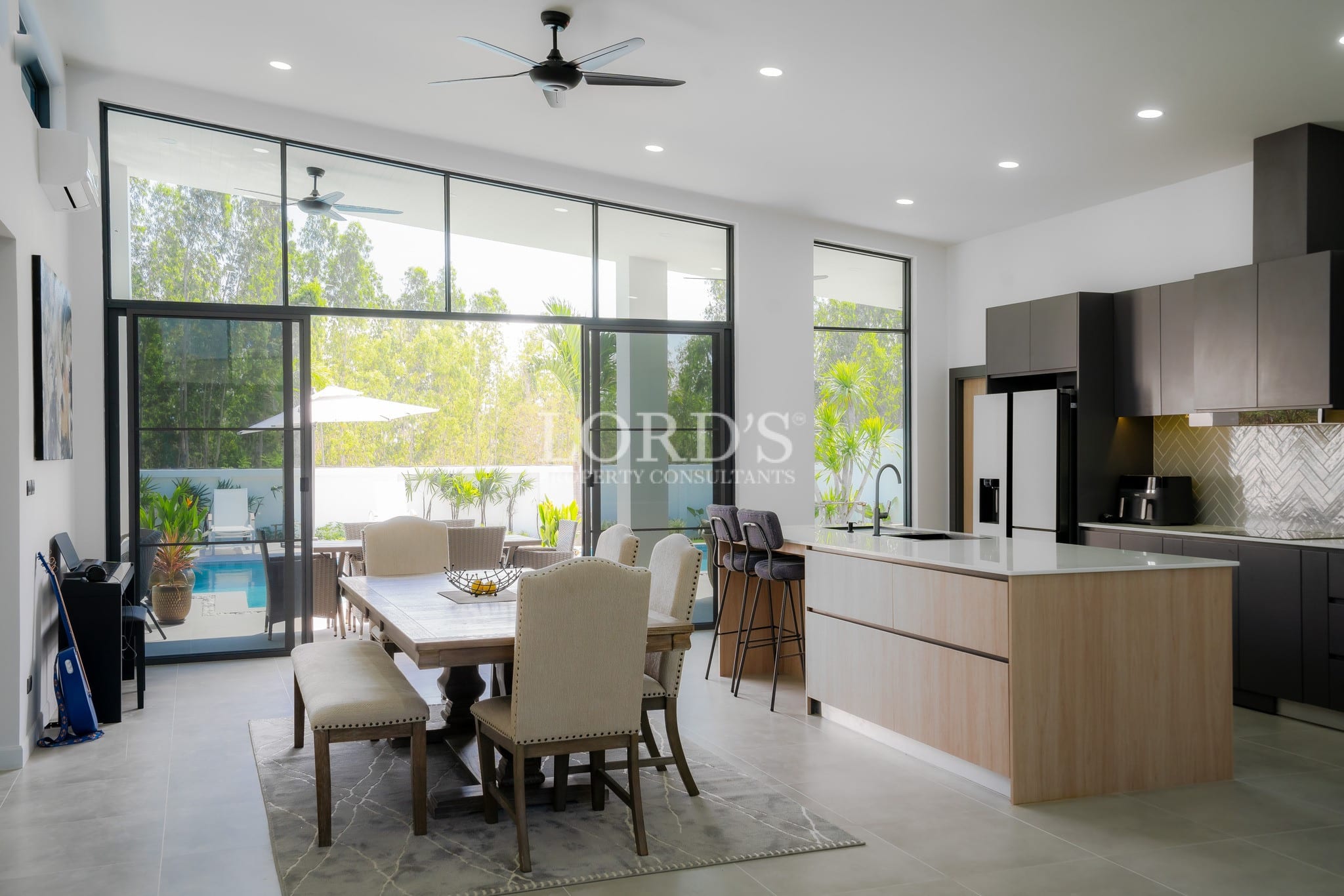 Modern kitchen with large window view
