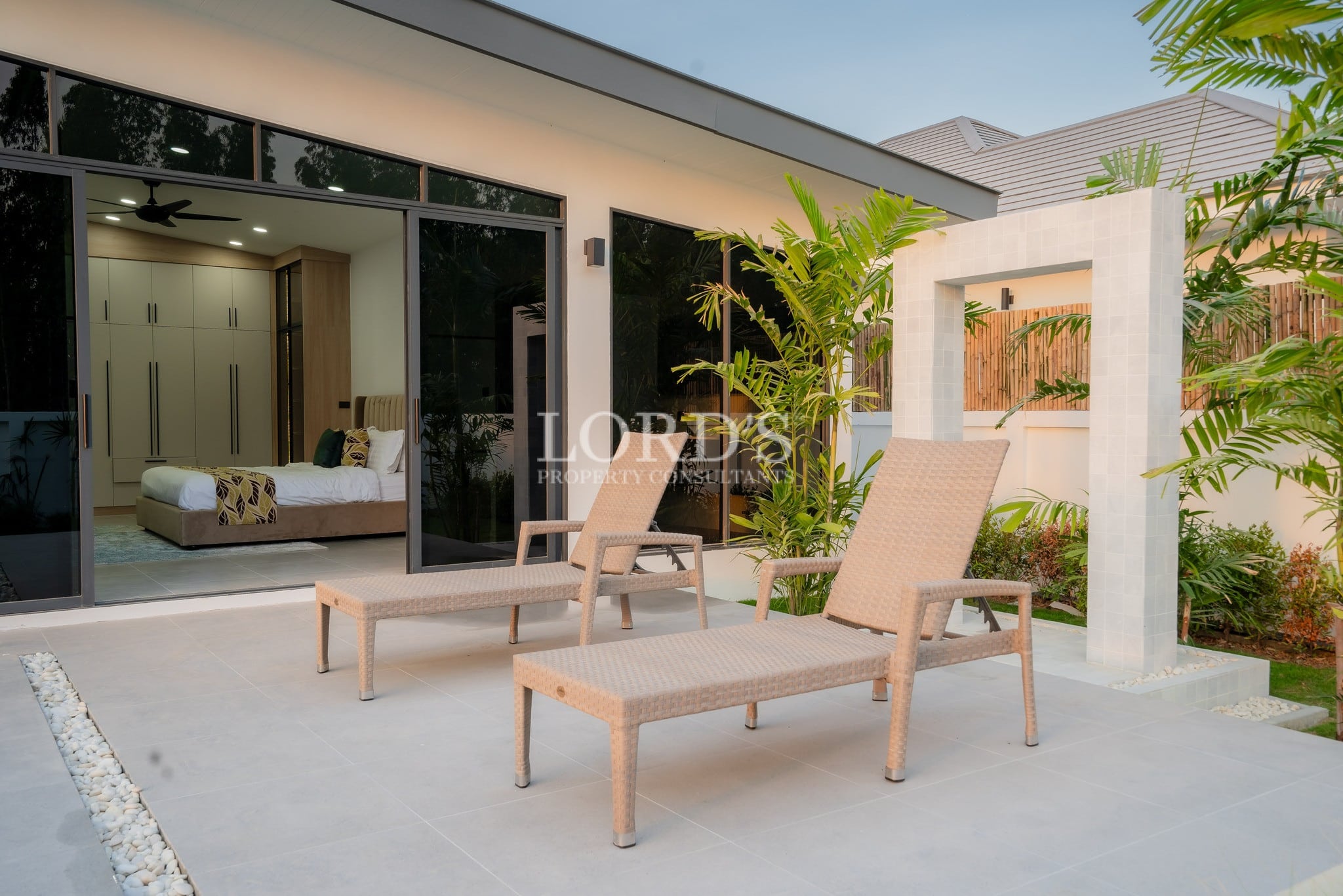 Outdoor terrace with lounge chairs