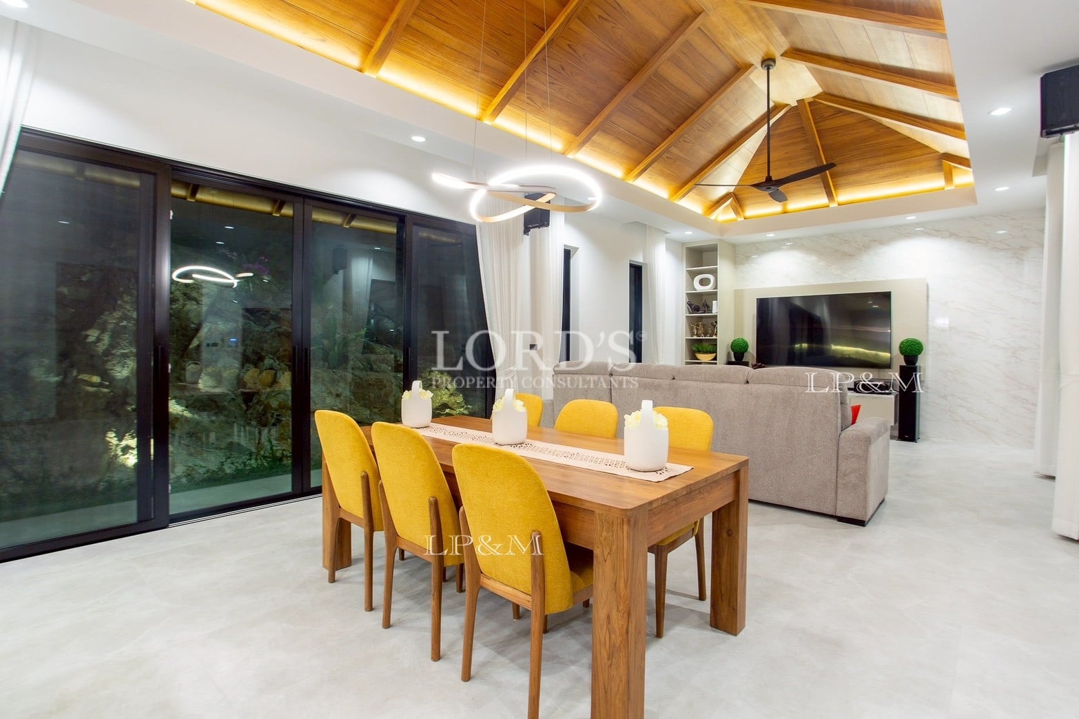 Dining area with open kitchen layout