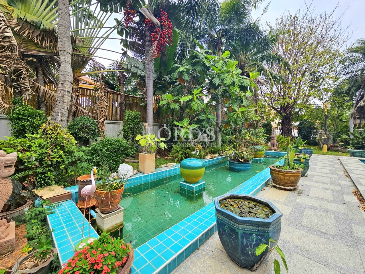 Swimming pool with tropical trees and garden plants