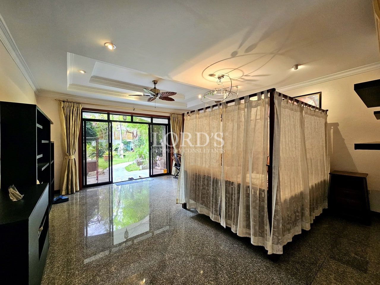 Large indoor hall with modern ceiling lighting