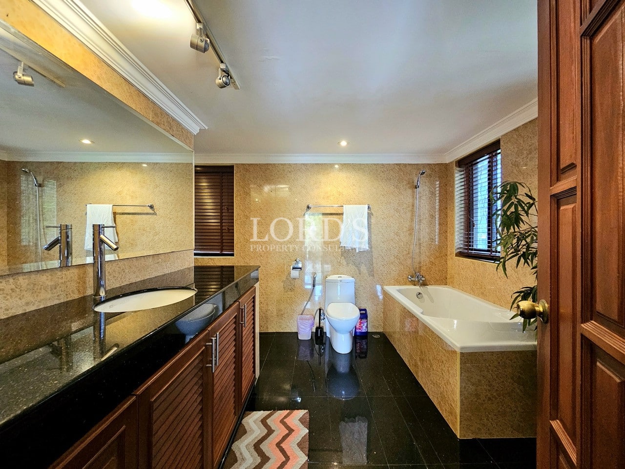 Bathroom interior with bathtub and toilet area