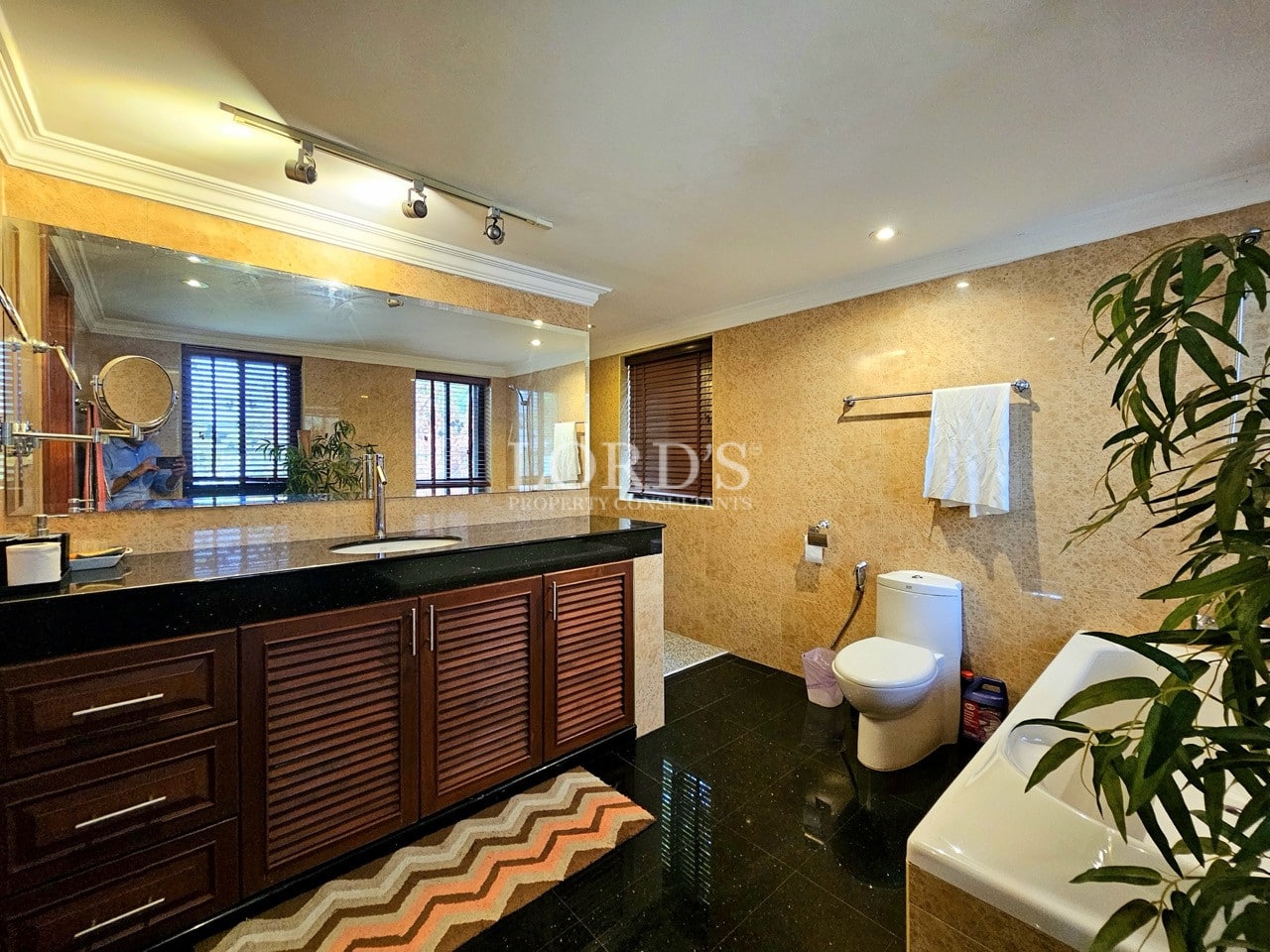 Large modern bathroom with long vanity counter