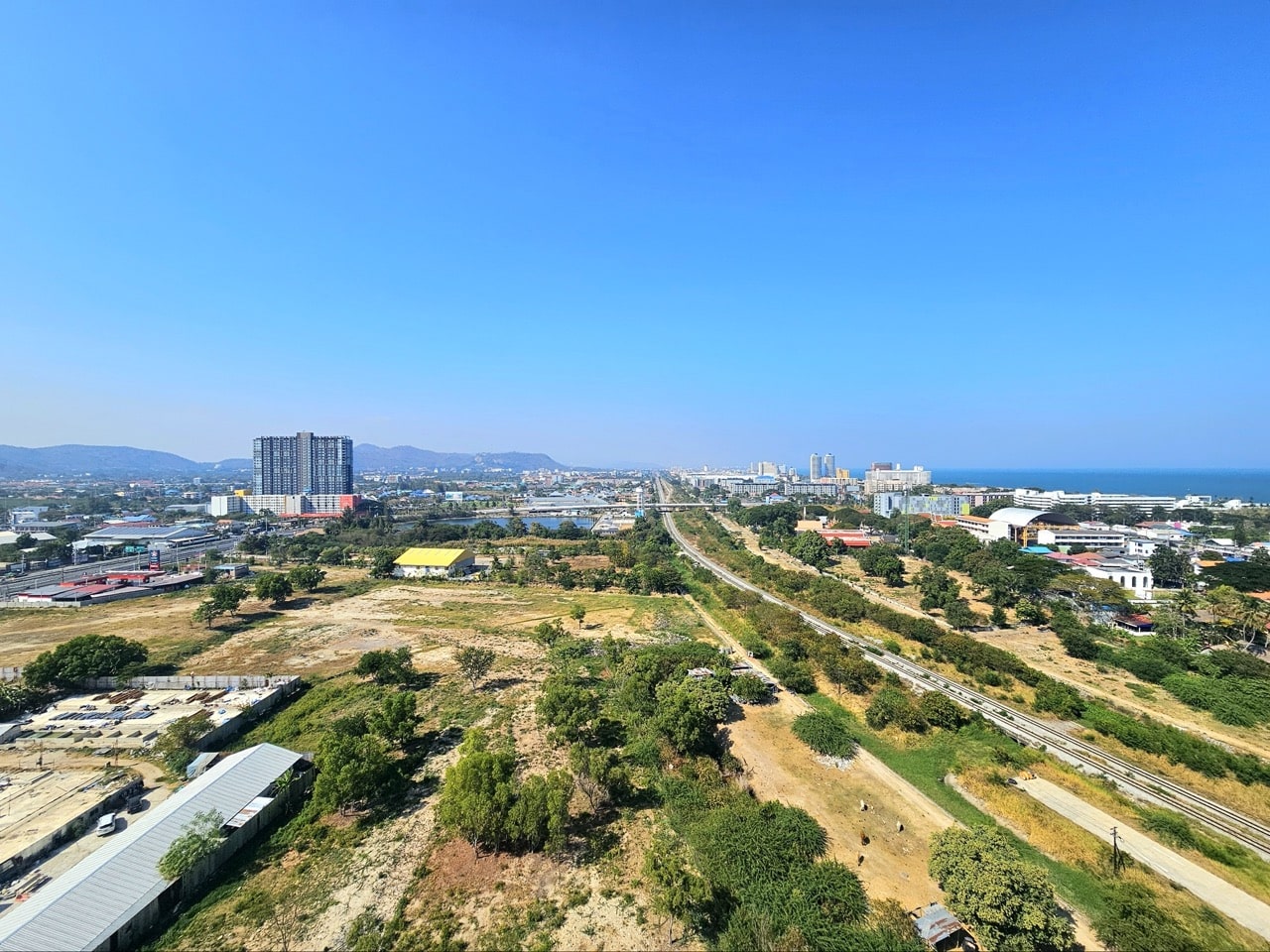 City skyline with open land and buildings