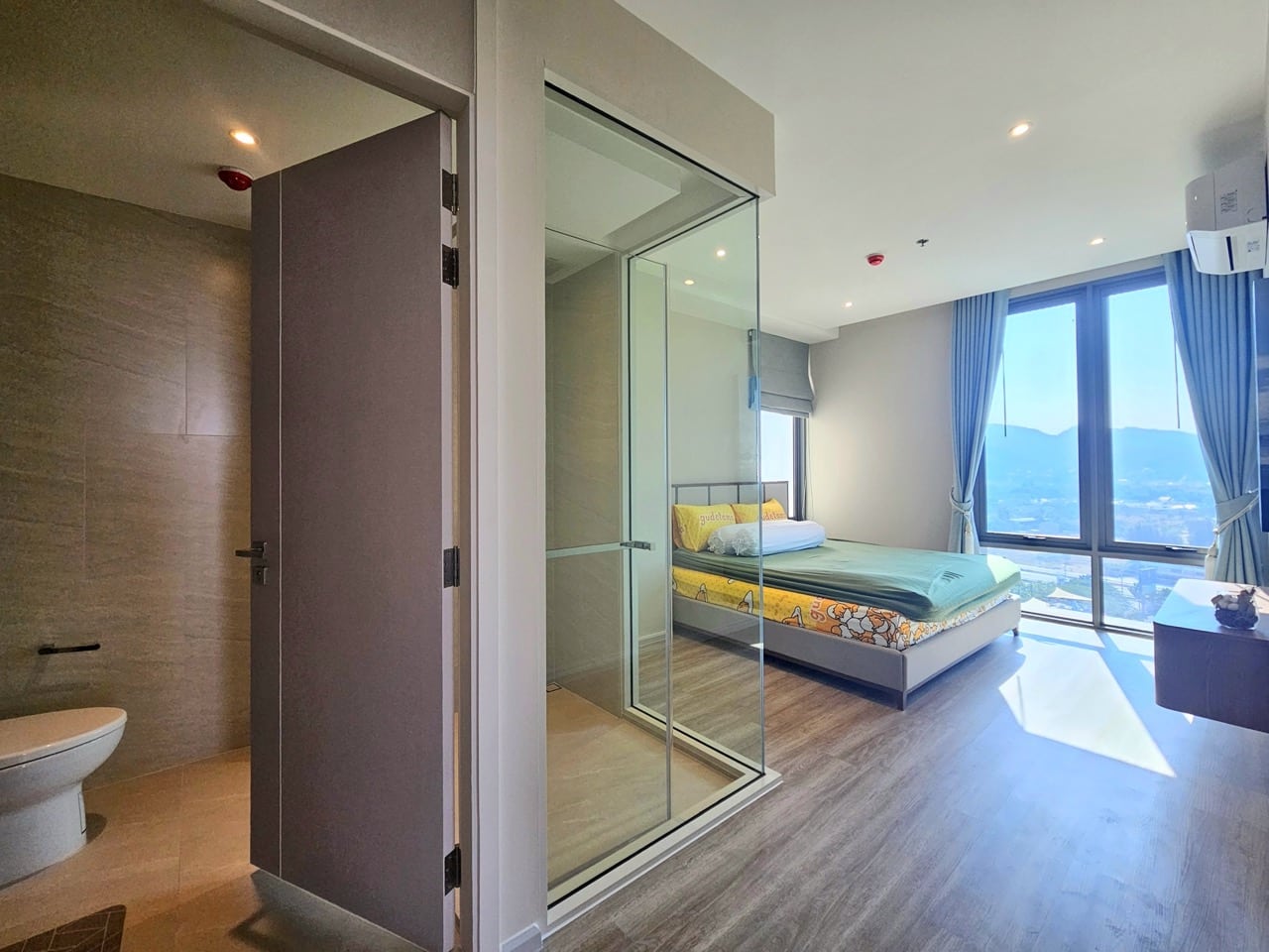 Bedroom with sliding door and modern interior