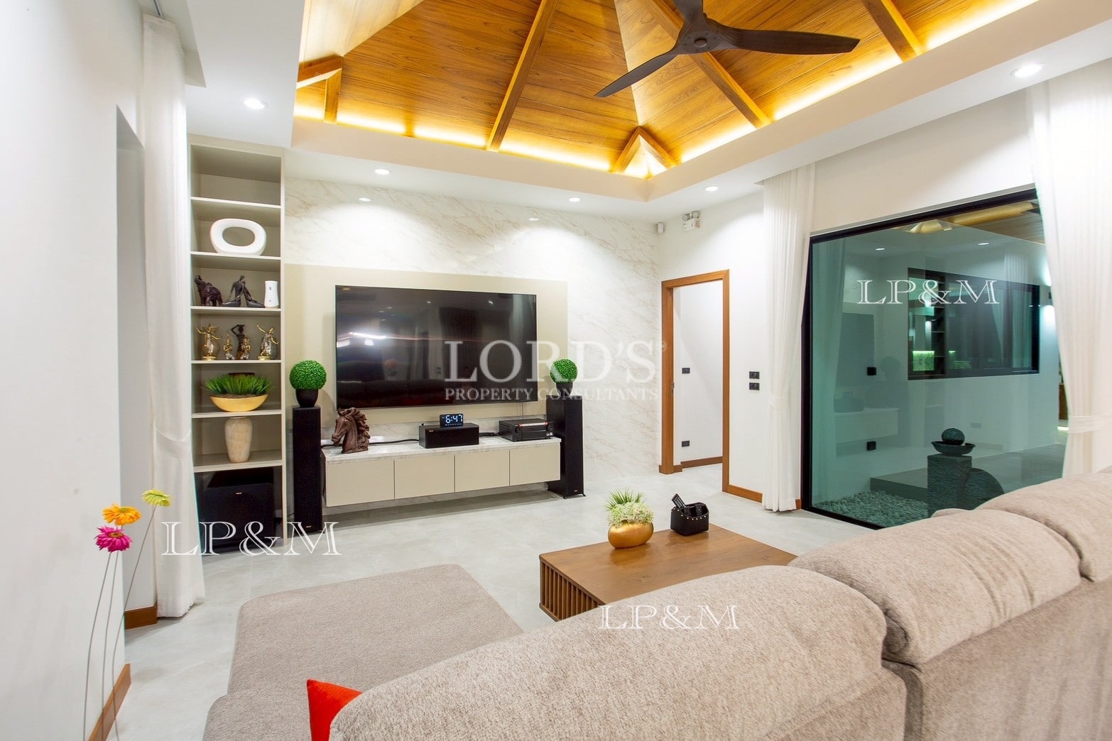 Luxury living room with wooden ceiling