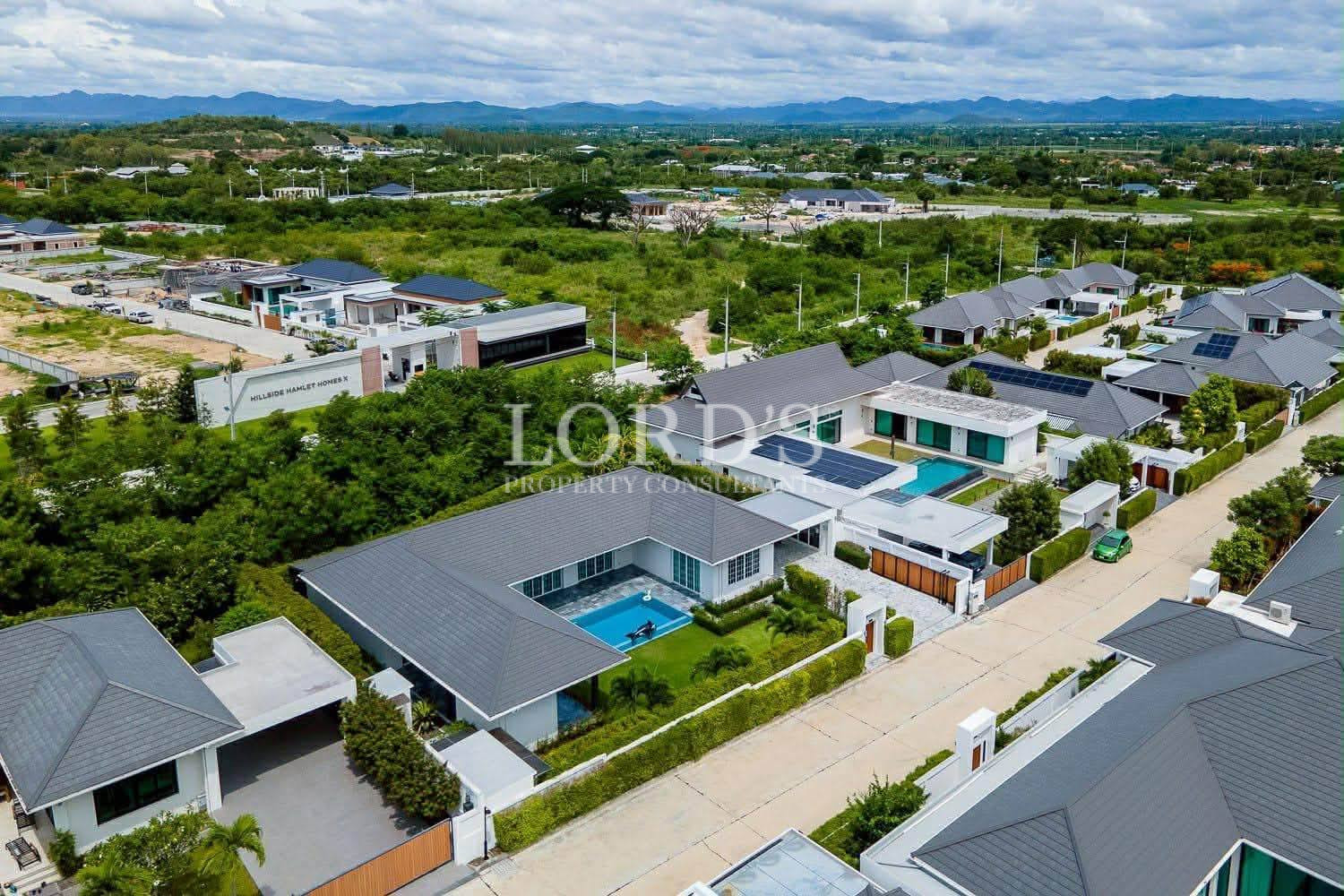 Aerial view of villa with private pool