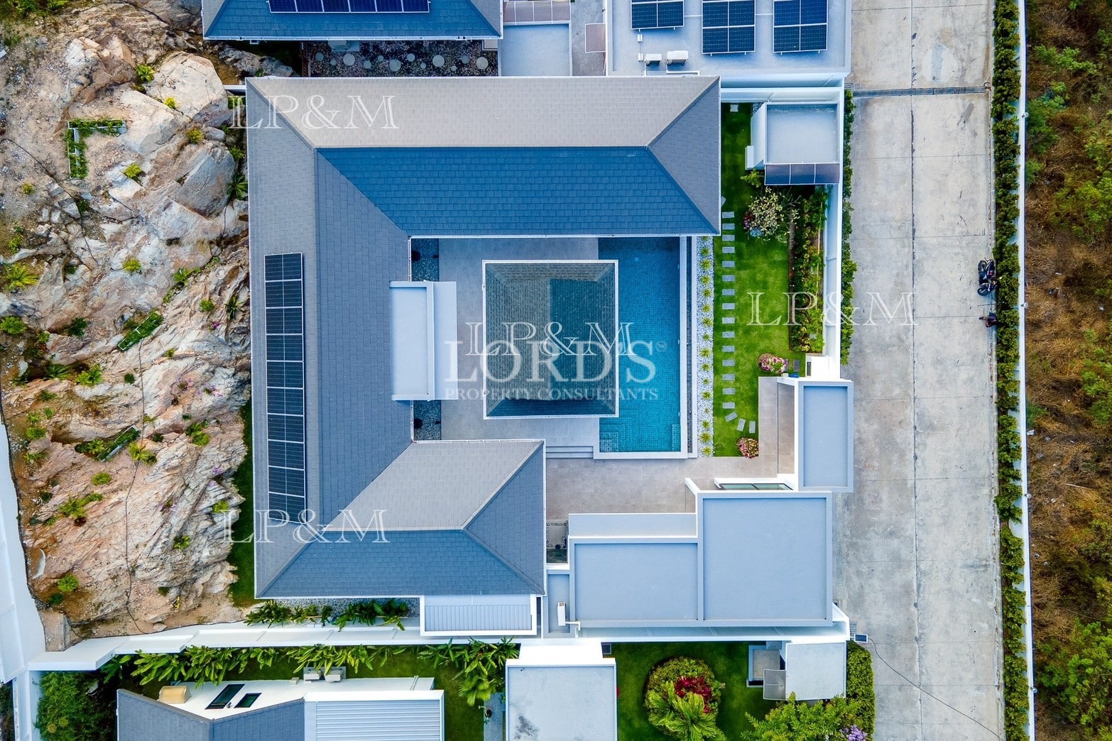 Luxury villa aerial roof view