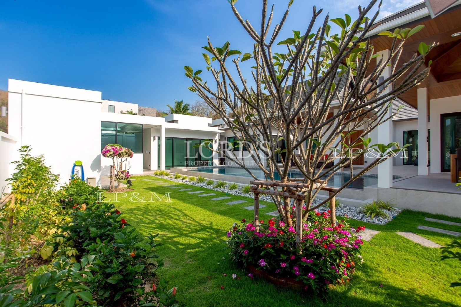 Villa garden with tropical plants