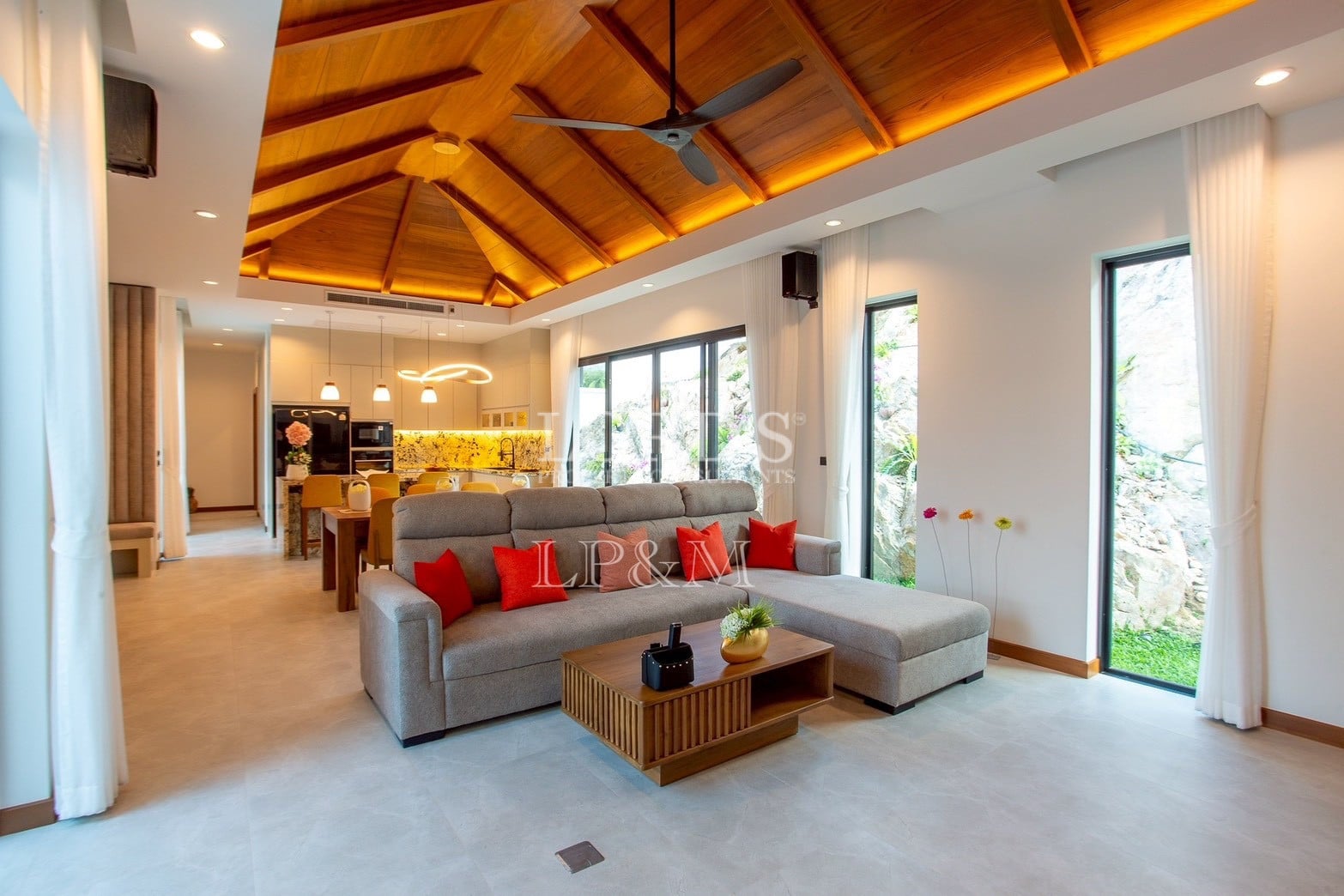 Luxury living room with wooden ceiling