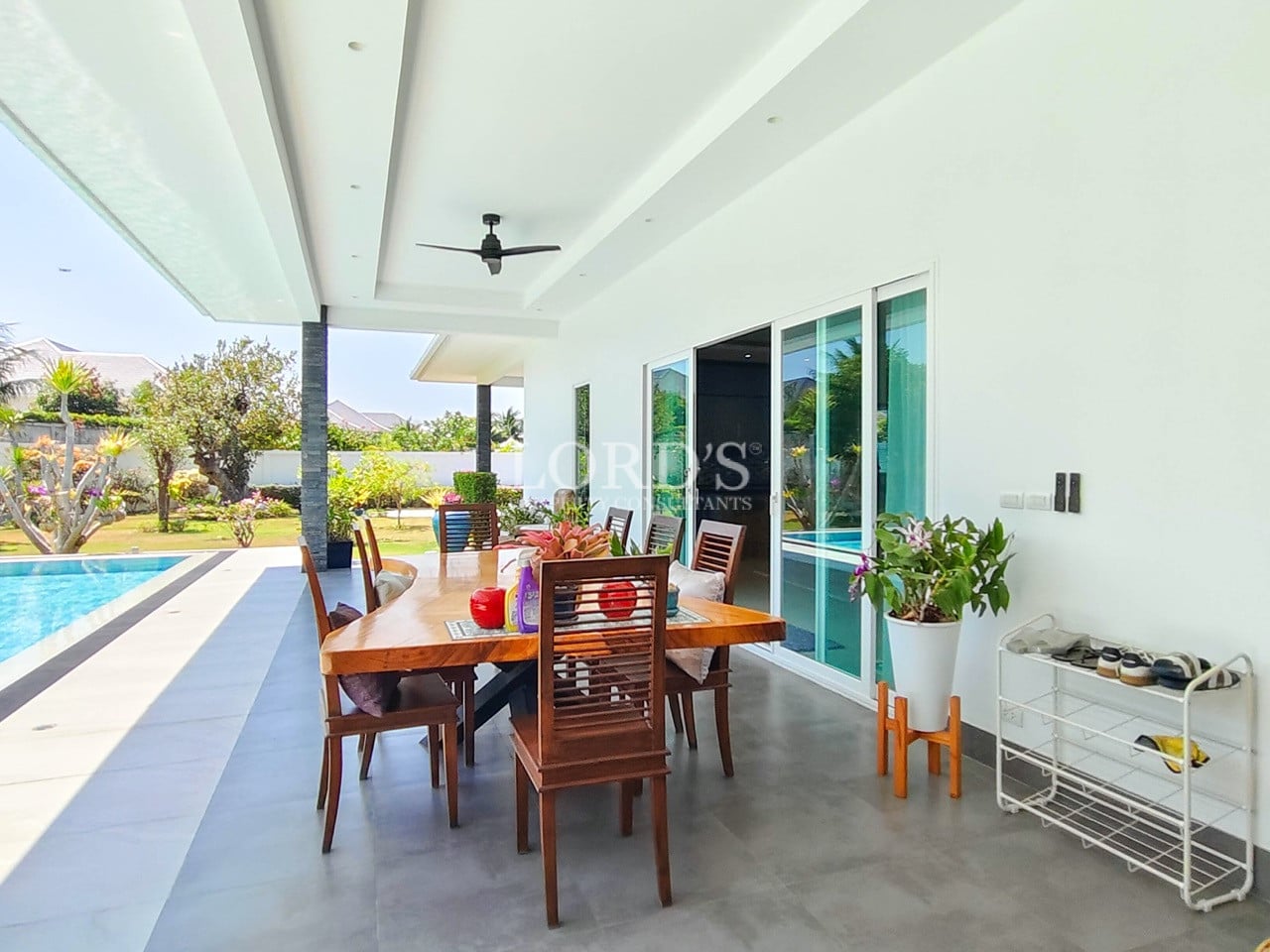 Outdoor dining terrace with garden view
