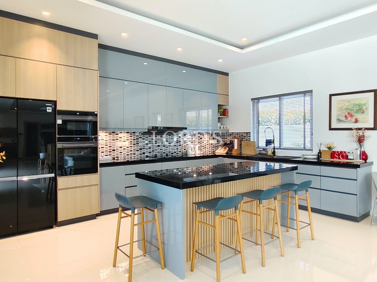 Modern kitchen with island and bar stools