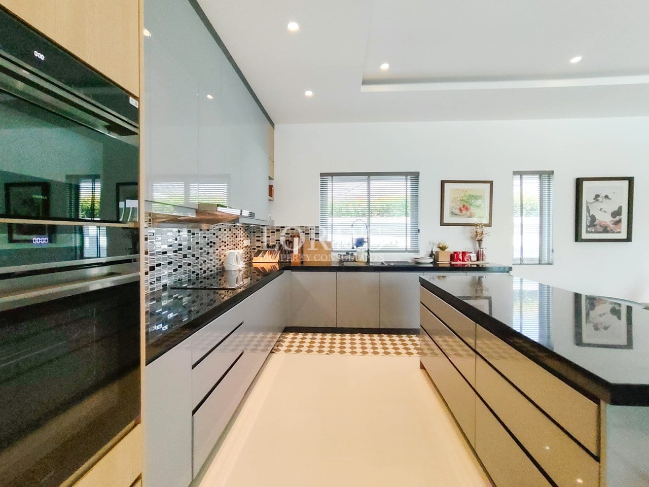 Contemporary kitchen with long countertop
