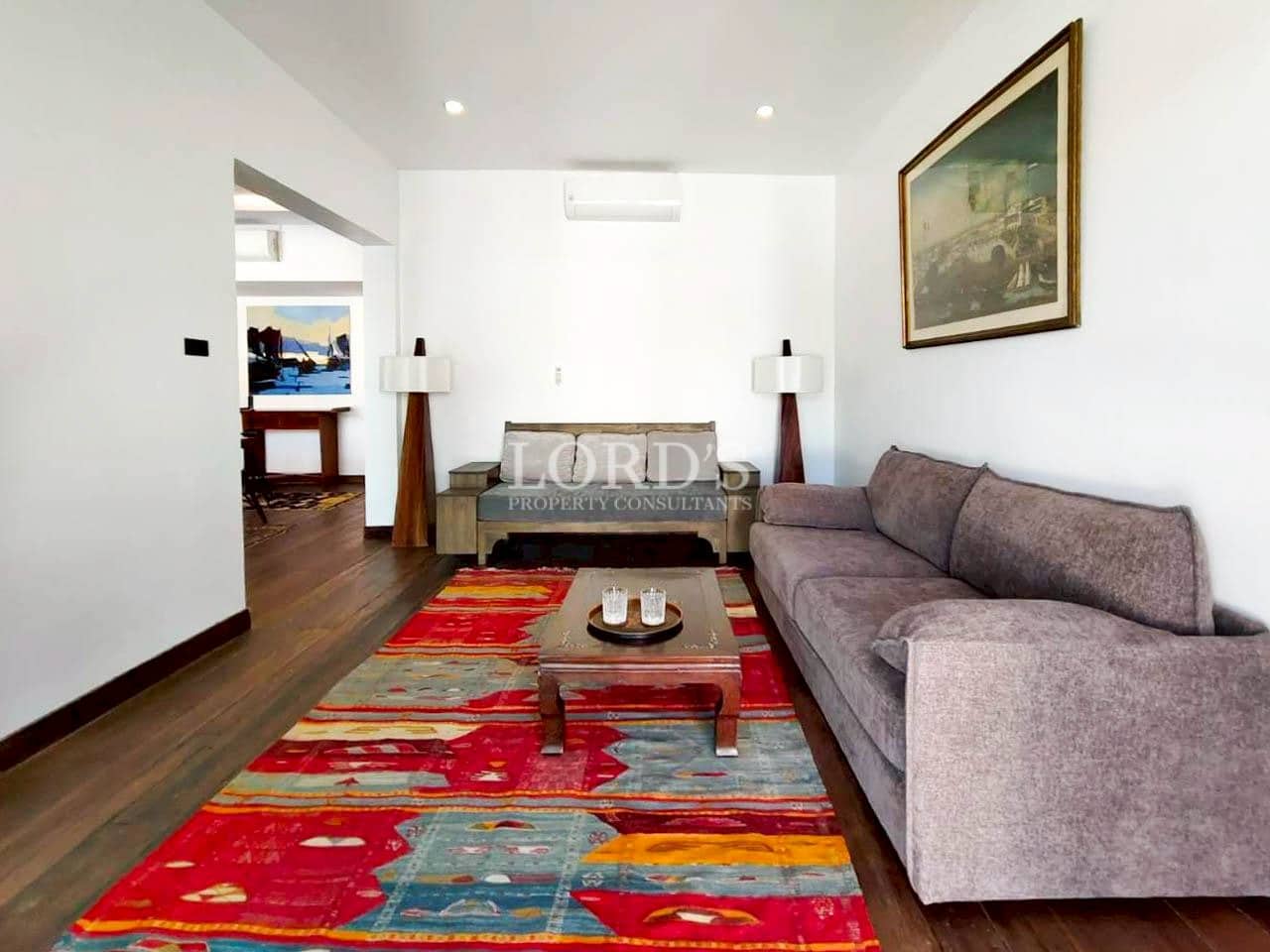 Cozy living room with sofa and colorful rug