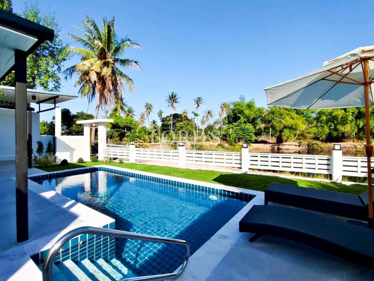Private swimming pool surrounded by palm trees