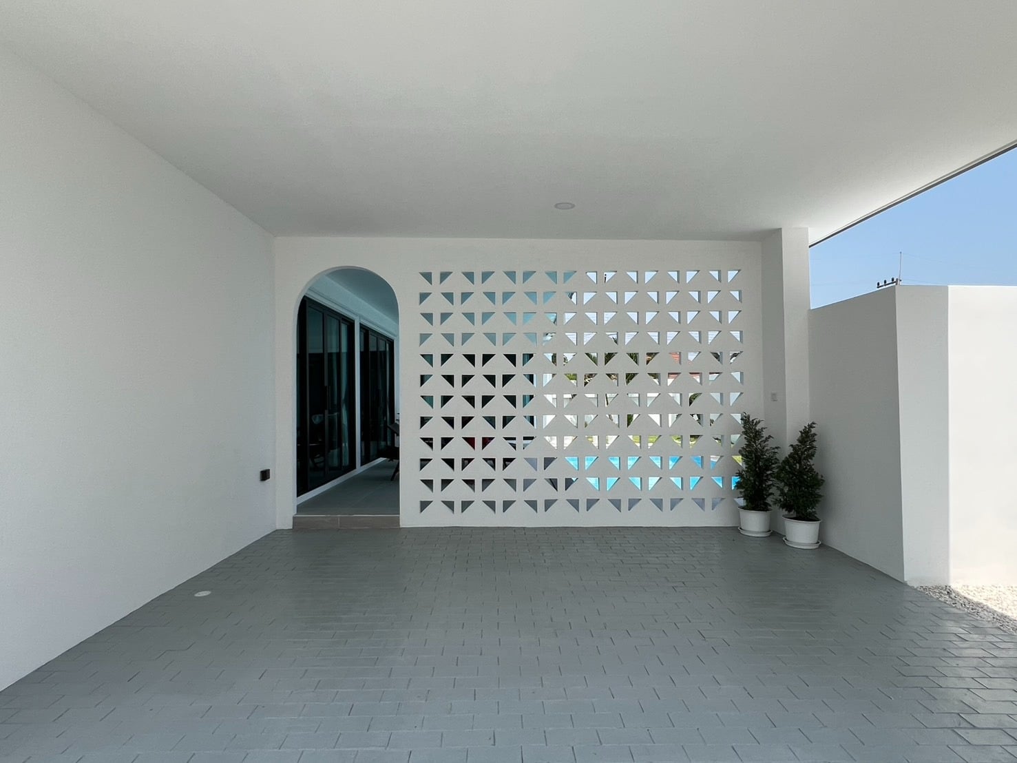 Open patio with decorative wall design