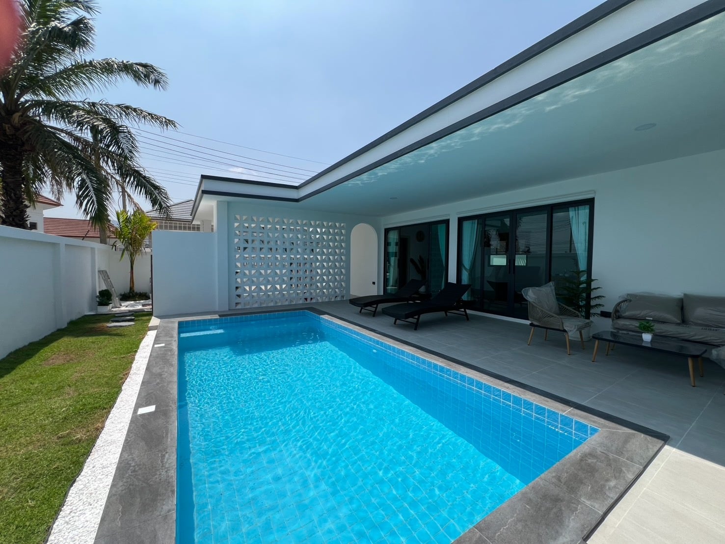 Pool area with modern architecture