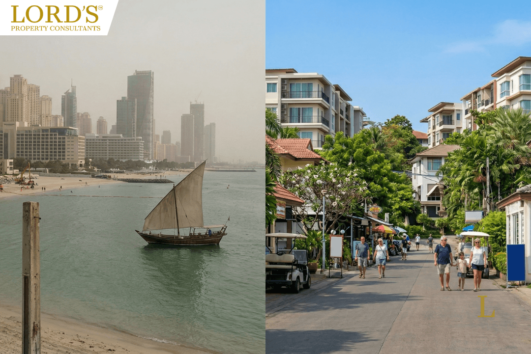 Contrast between a hazy Dubai skyline and a peaceful, sunlit residential street in Hua Hin, Thailand.
