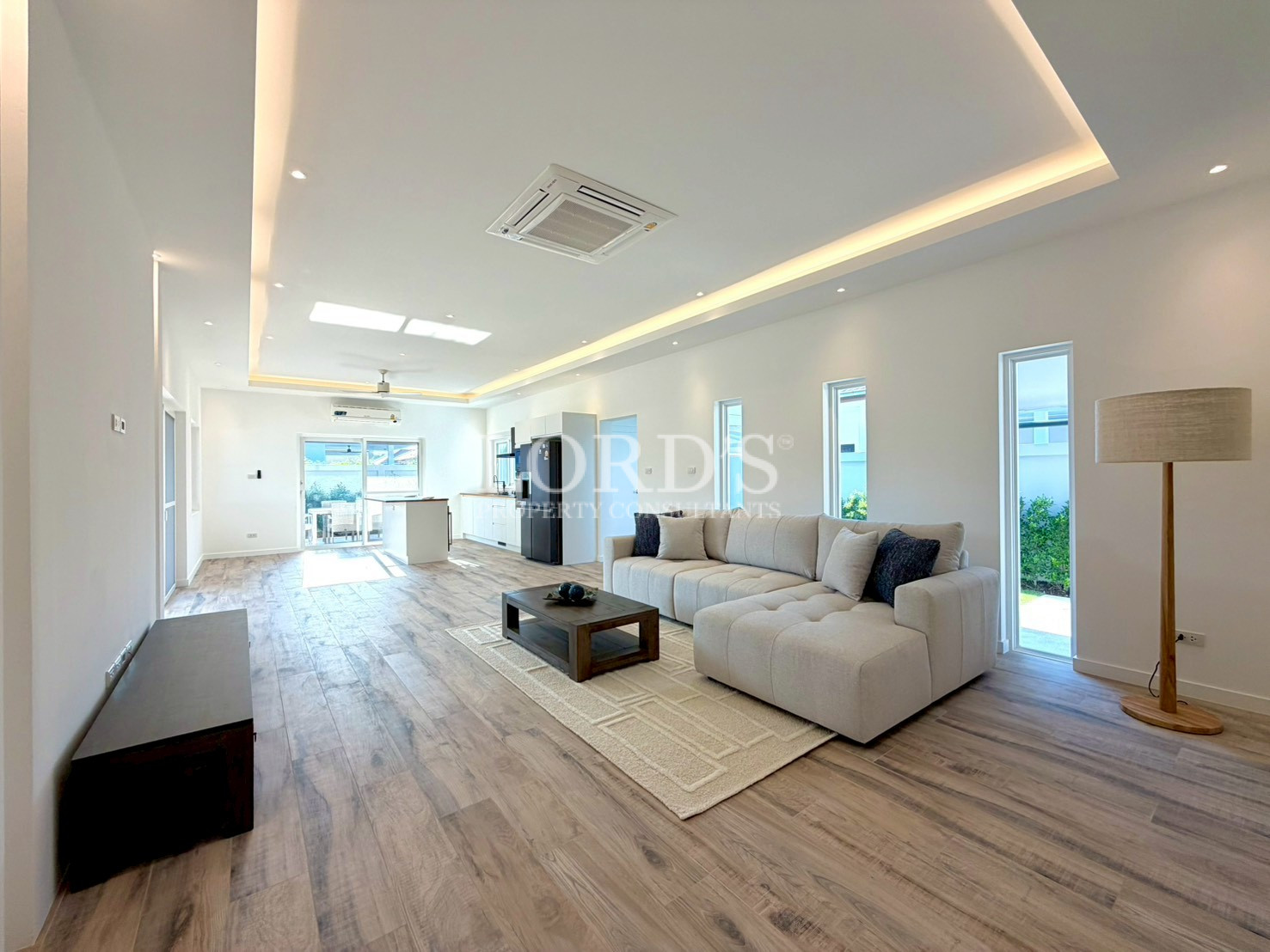 Beautiful large living room with wooden floor