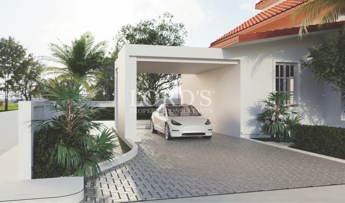Modern house entrance with car parking