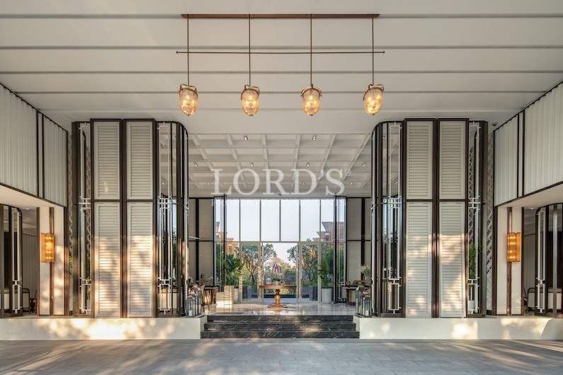 Modern lobby entrance with glass doors