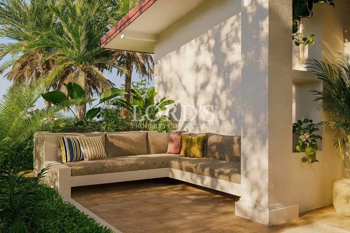 Garden seating area with cushions