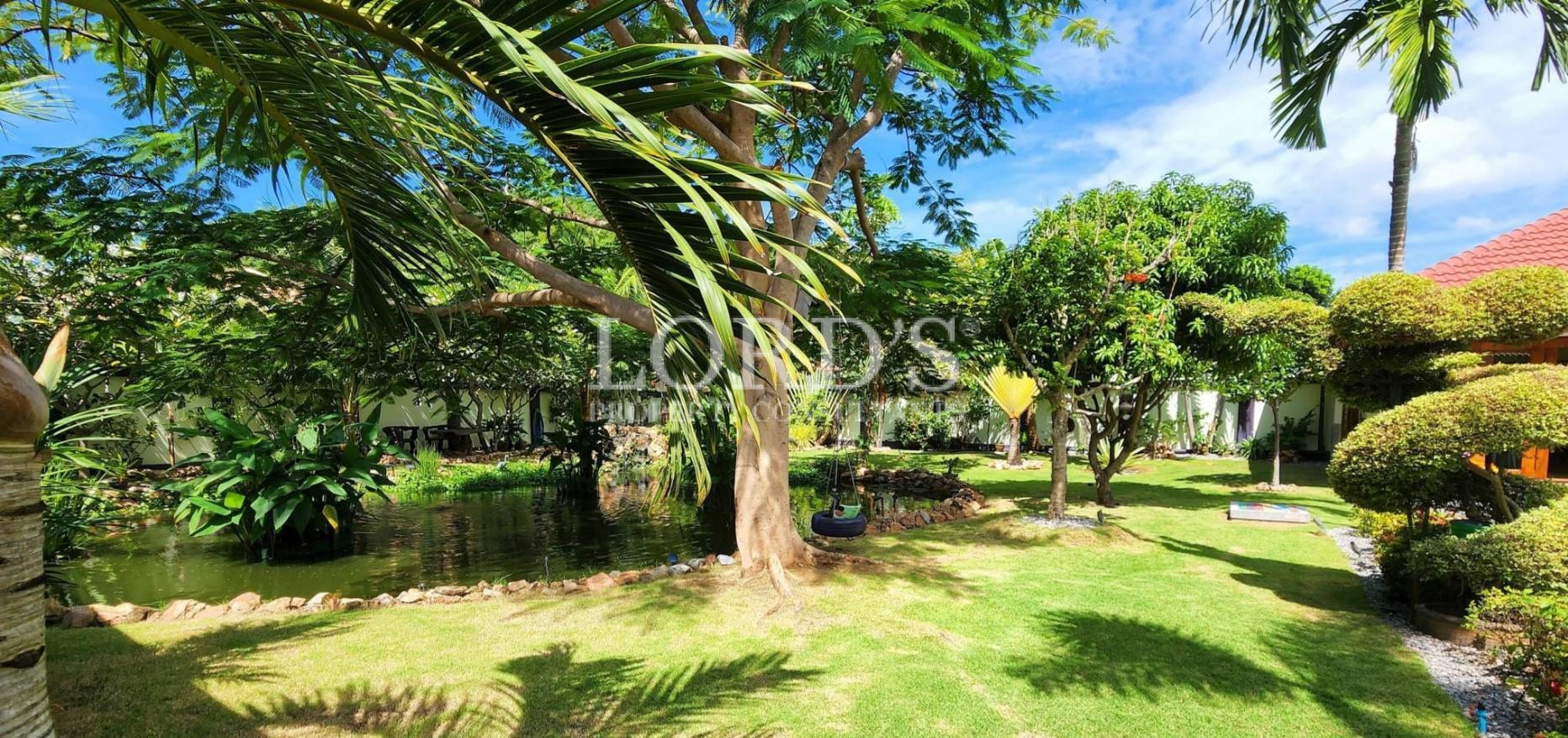 Garden with lawn, trees, and plants
