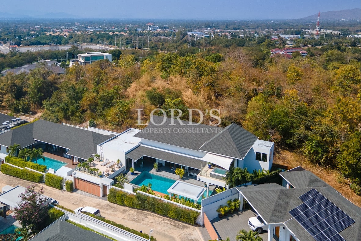 Aerial view of villa with pool
