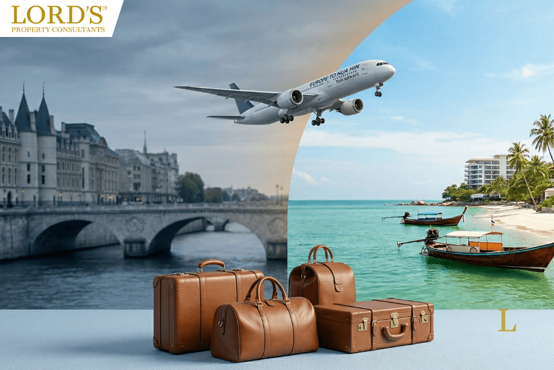 A visual transition showing a grey European city skyline and a sunny Thailand beach in Hua Hin with an airplane and travel luggage.
