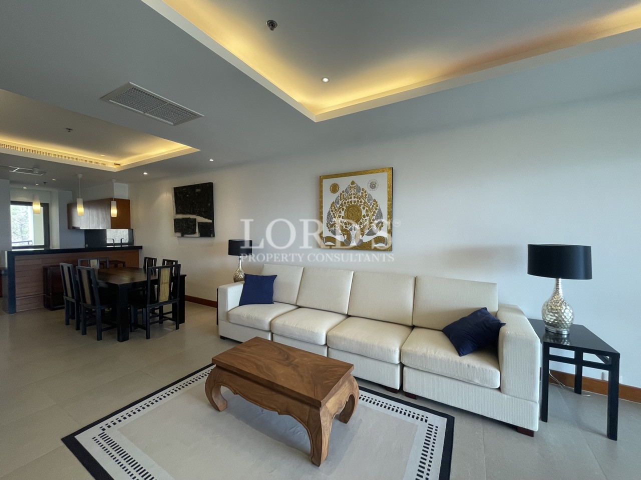 Living room with recessed ceiling lighting