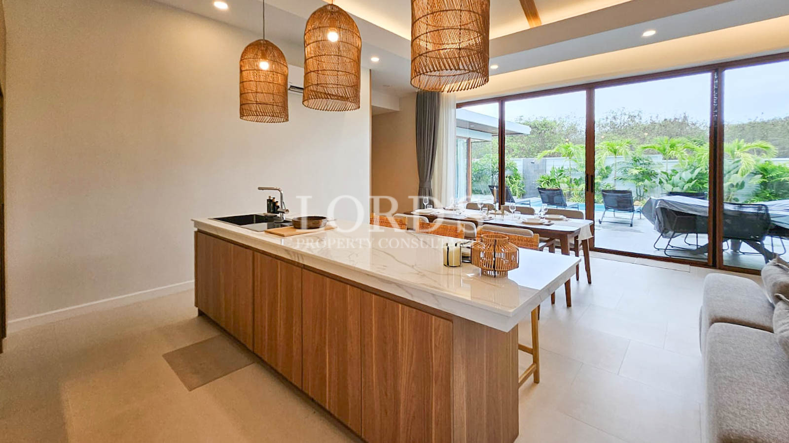 Kitchen island with wooden cabinets