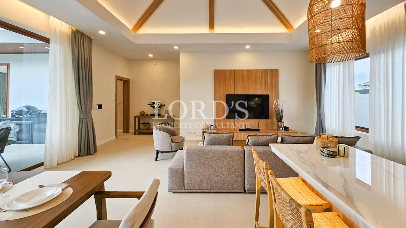 Open living room with TV and sofa