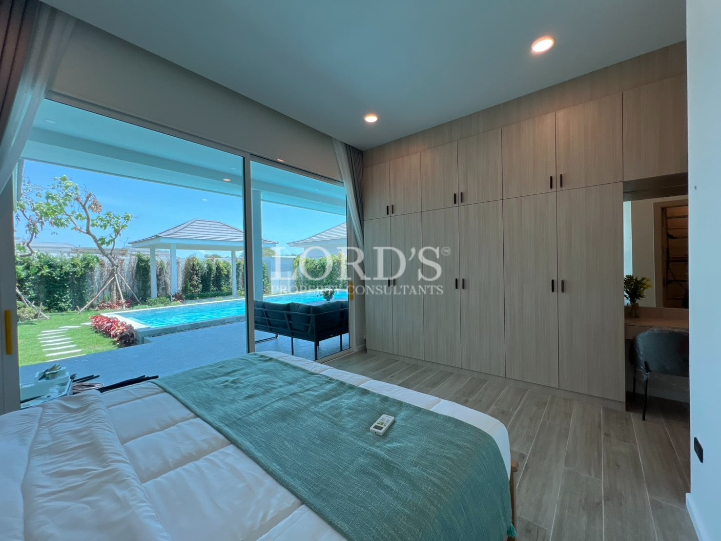 Bedroom with bed and soft lighting