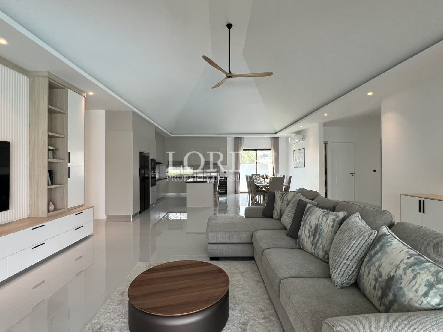 Living room with sofa and ceiling fan