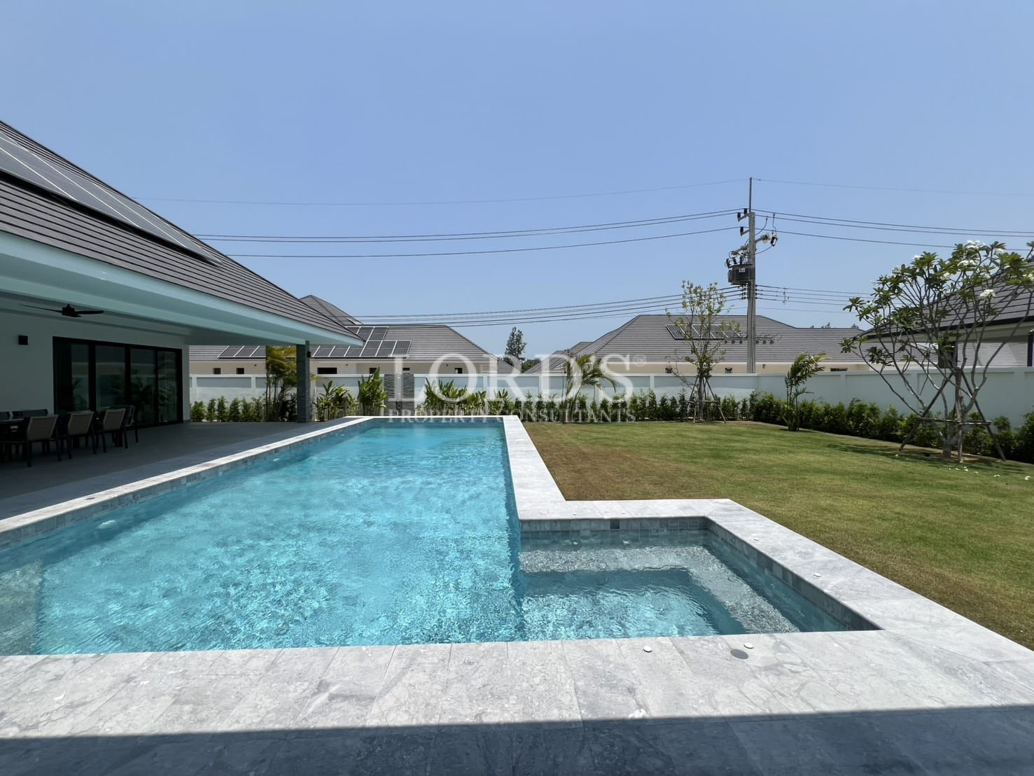 Pool with modern exterior house