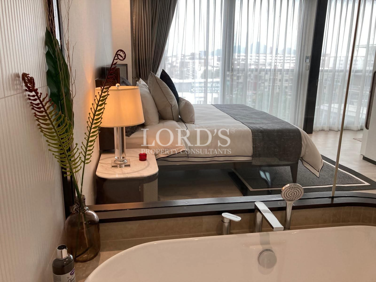 Bathroom with bathtub and soft lighting