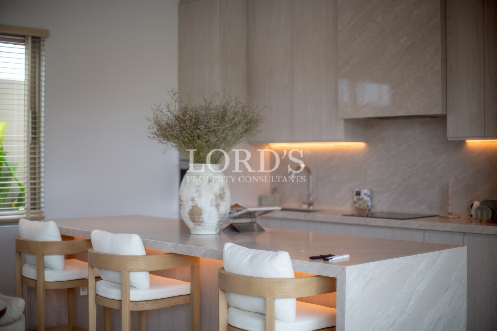 Minimalist dining room with soft lighting