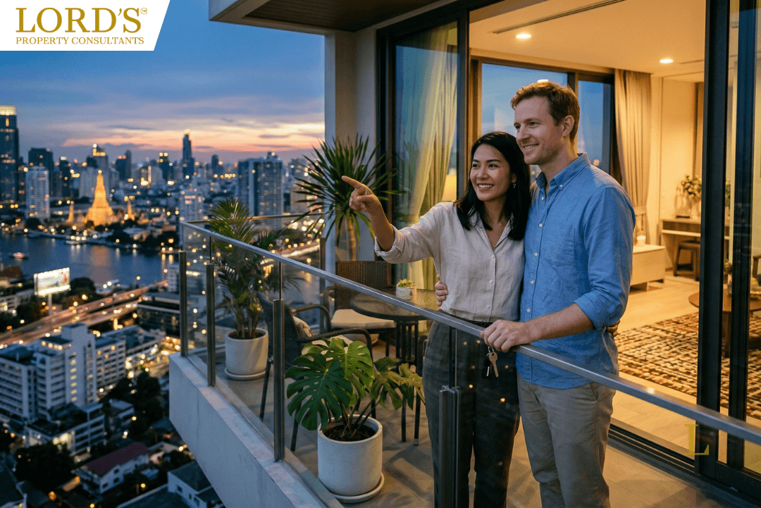 A happy mixed-nationality couple holding keys on a luxury condominium balcony overlooking the Bangkok city skyline at sunset.